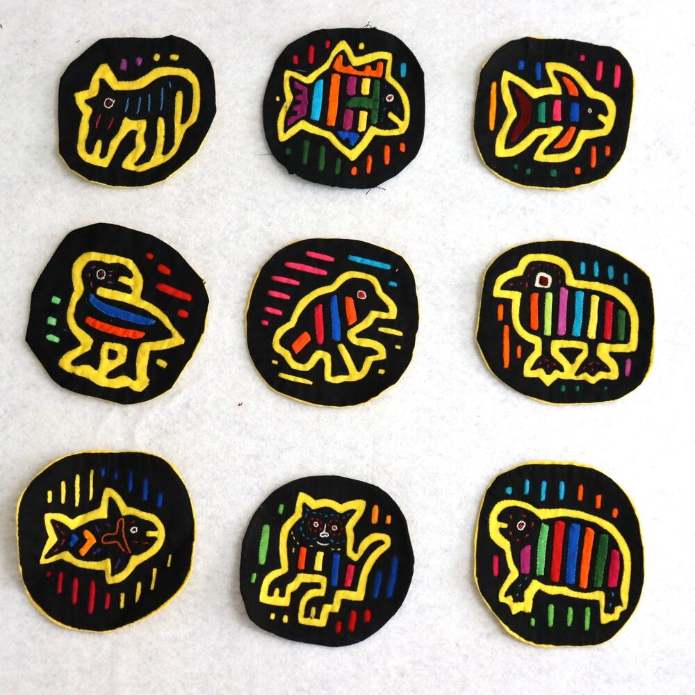 Set of 9 Vintage Kuna Mola Patches Hand Stitched 3.5"‎ Round